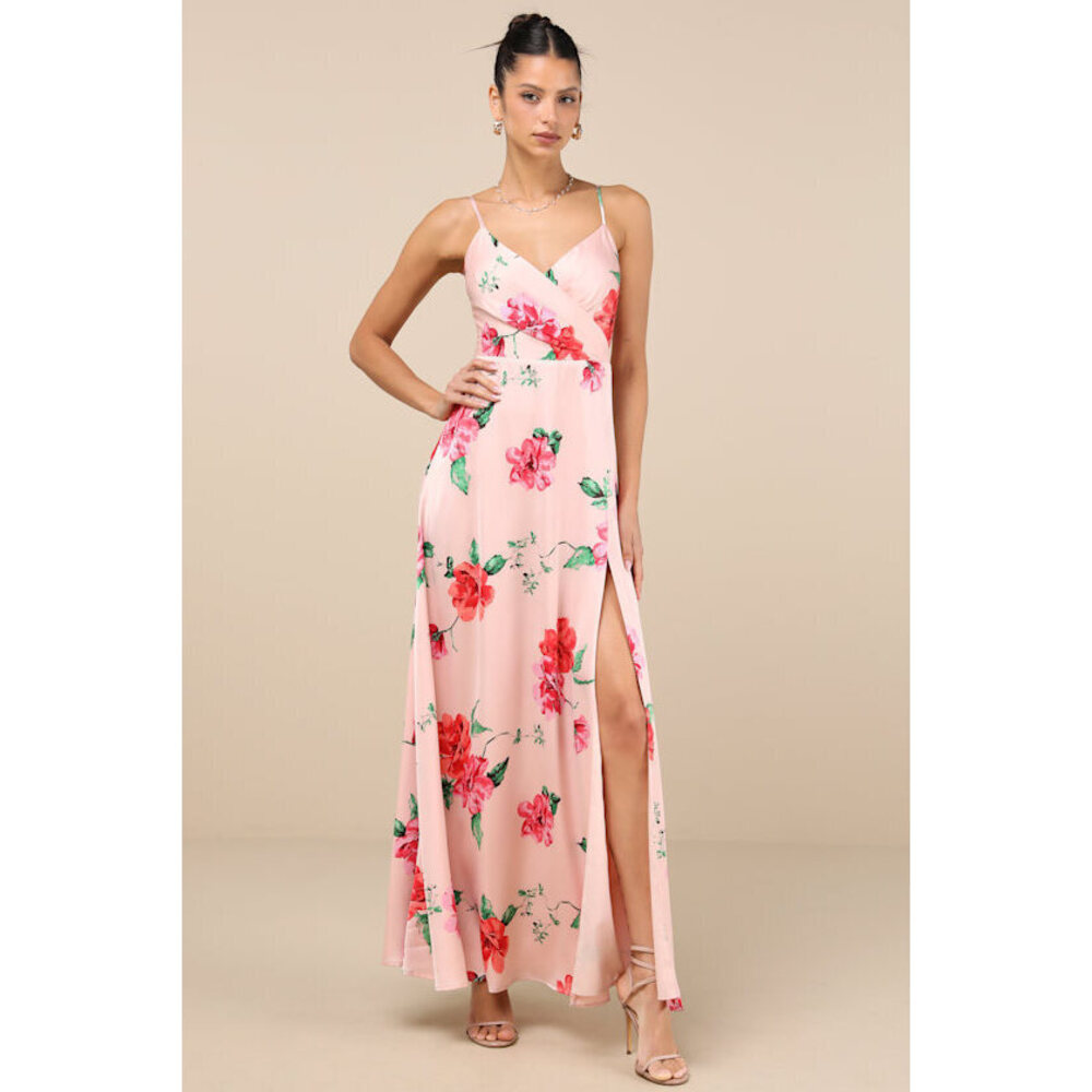 Lulus Radiant Occasion Light Pink Floral Satin A-line Maxi Dress - Size S